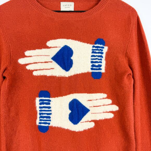 SAVED NY Womens S/M Graphic Hands 100% Cashmere Sweater Dark Orange $410 - Picture 2 of 7